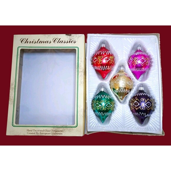 Vtg Christmas Classics Blown Glass Teardrop Ornaments Set Hand Decorated Romania - Picture 1 of 4